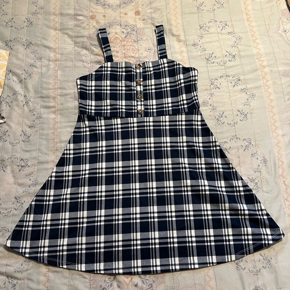💙 Girls Plaid Button-Front Dress — Navy & White Check | Size 12 🤍